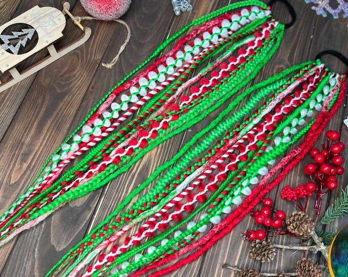 Christmas Crochet Dreadlocks Hair Tie: Red, White, Bright Green Synthetic Dreads