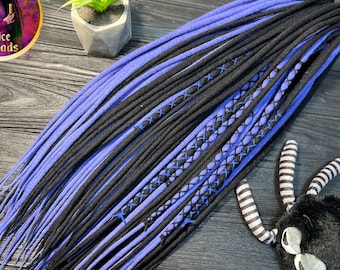 Rastas de lana en tonos negros, azul violeta y violeta: detalles envolventes, rastas personalizadas