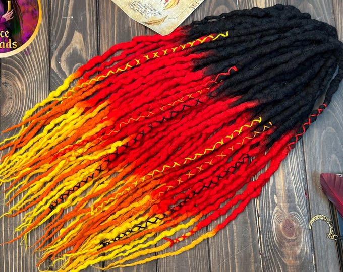 Wool Dreadlocks Extensions Black Red Ombre Dreads, Boho Felted Braid In Dreadlocks Pack