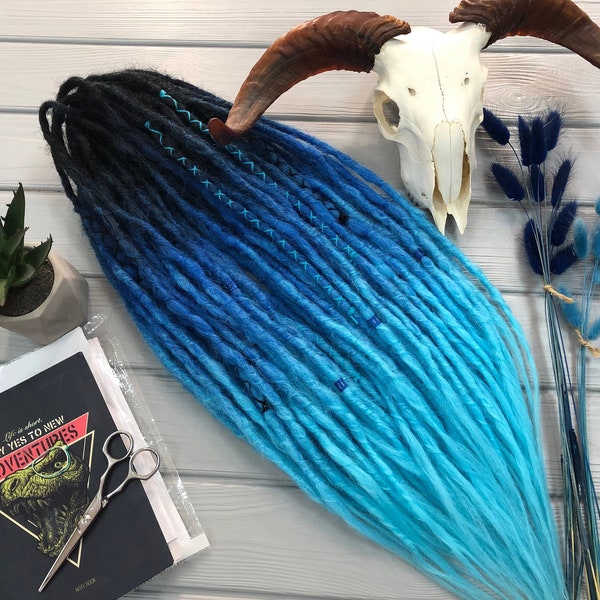 Set of natural look synthetic double ended dreads accent dreads custom dreadlocks ombre black dark blue light blue wrapped hair