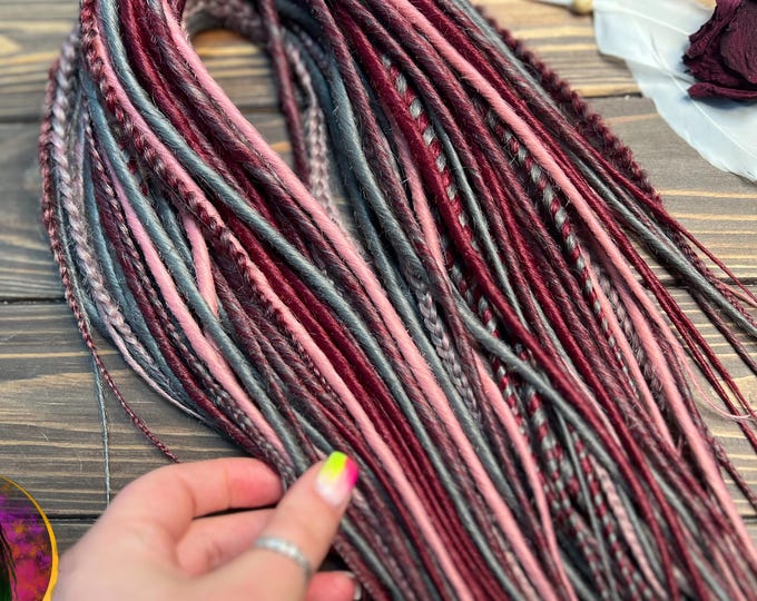 Pastel Pink & Burgundy, Dark Grey Synthetic Dreads: Thin Twisted DE/SE Hair Extensions