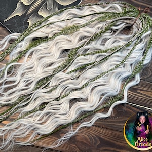 Platinum Blonde Curly Dreads: Wavy Synthetic Hair Extensions with Green Braids