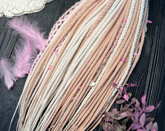White Wool Dreads with Braids: Sandy Tan, Peach Blonde, Pink Dreadlocks
