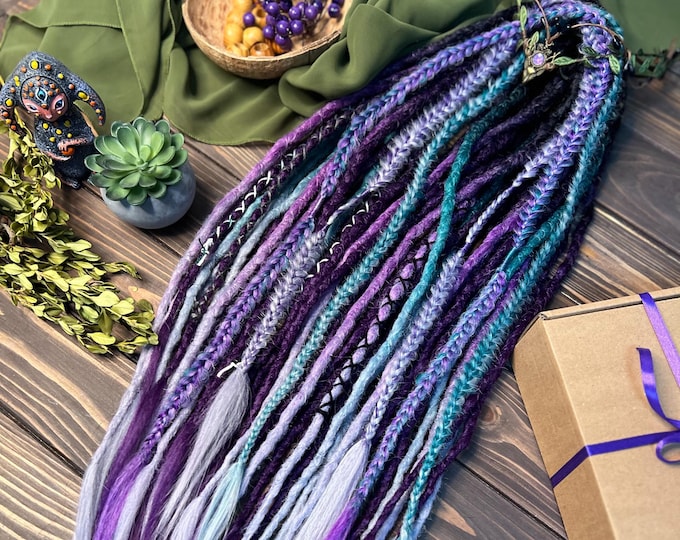 Crochet Synthetic Dreads: Black, Purple, Green, and Silver Grey dreadlocks with braids