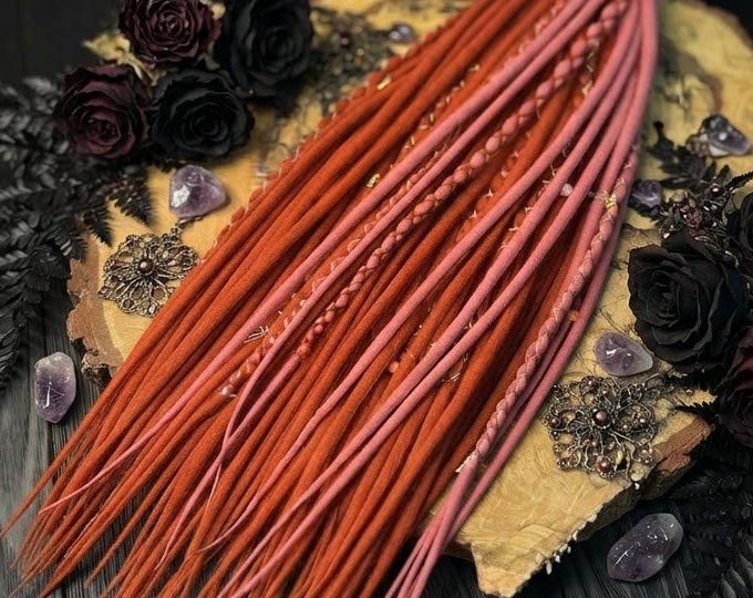 Wool Dread Extensions Red auburn and coral pink soft dreadlocks with wrapped accents