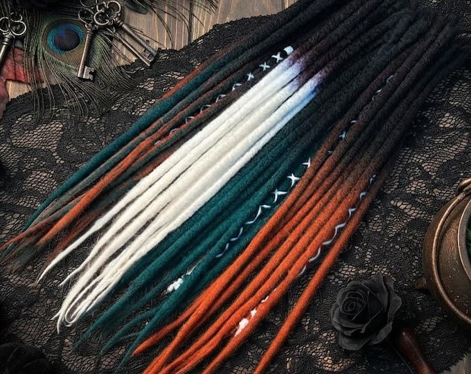 Wool Dreads Extensions: Black to Rust Red Pumpkin Emerald Green, Double Single Merino Dreadlocks