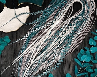 Gray Thin Twisted Synthetic Dreads: White, Silver, Emerald green Dreadlocks and braids