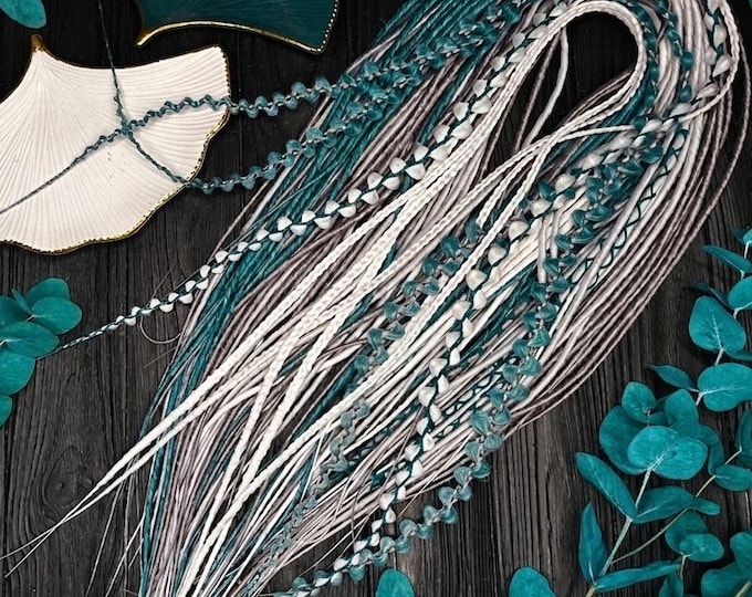 Gray Thin Twisted Synthetic Dreads: White, Silver, Emerald green Dreadlocks and braids