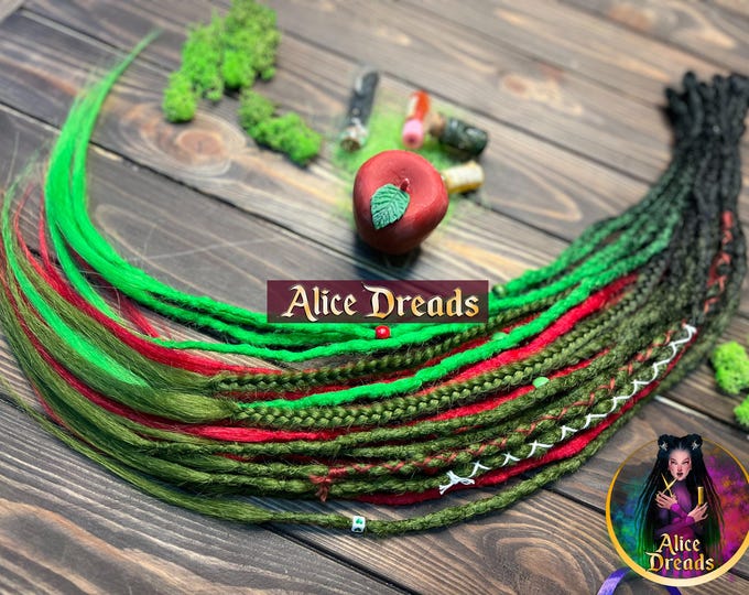 Crochet Synthetic Dreads: Black, Green, Red with Braids & Accents