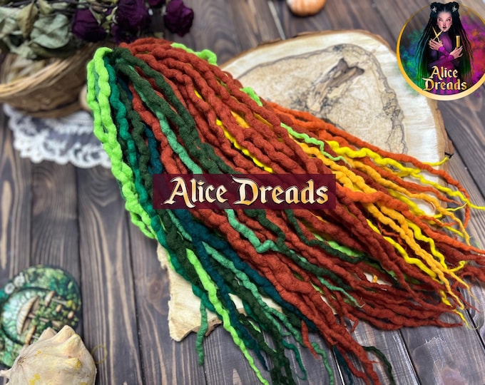 Curly Wool Ombre Dreads: Auburn, Green, Yellow, ginger, orange Halloween Style