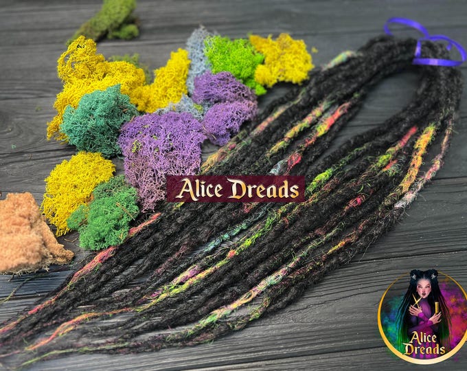 Crochet Synthetic Dreads "Fireworks": Black with Colorful Accents DE green yellow pink blue