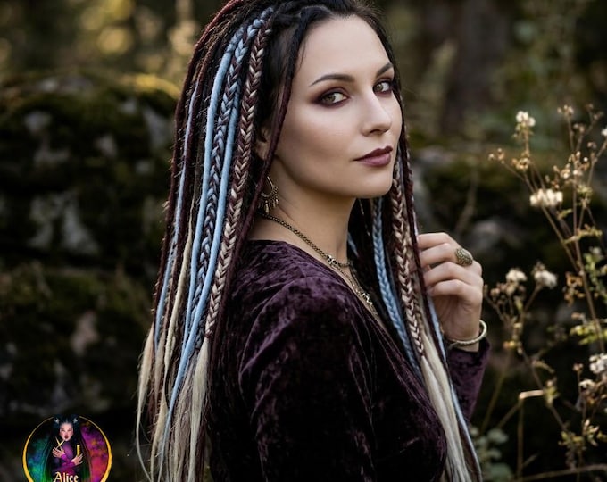 Boho Mix Synthetic Dreads with Braids, Brown Burgundy Denim Blue and Blonde