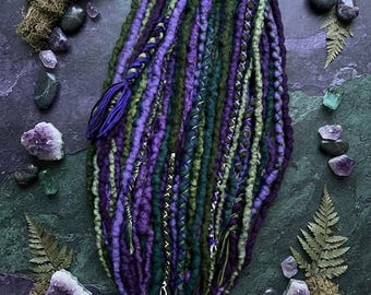 Purple Forest Green Wool Dreads Set with Wrapped Accents, Witchy Emerald Olive Custom Locs