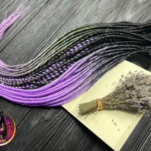 Dreadlock extensions set of ombre thin synthetic dreads Black to dark green to silver grey and lavender dreadlocks twists