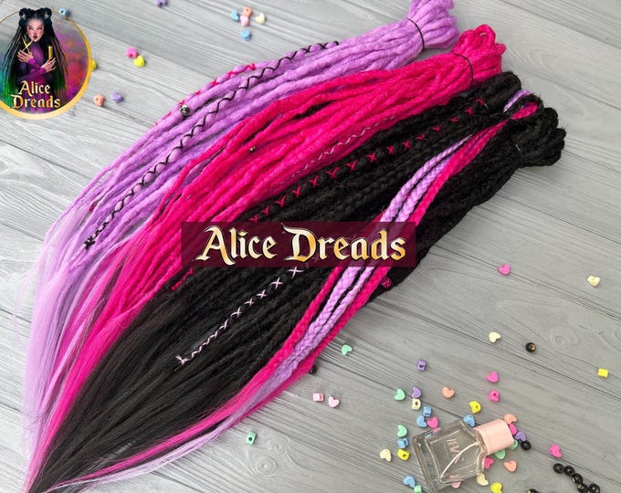 Crochet Synthetic Dreadlock Extensions: Black, fuchsia, Lavender, Purple Dreads with Braids, wrapped accents