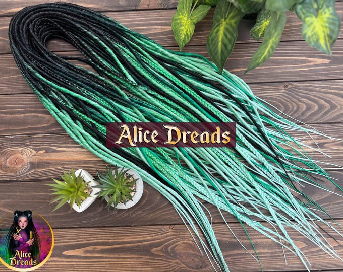 Thin synthetic dreads and braids black to green to mint ombre dreadlocks hair extensions