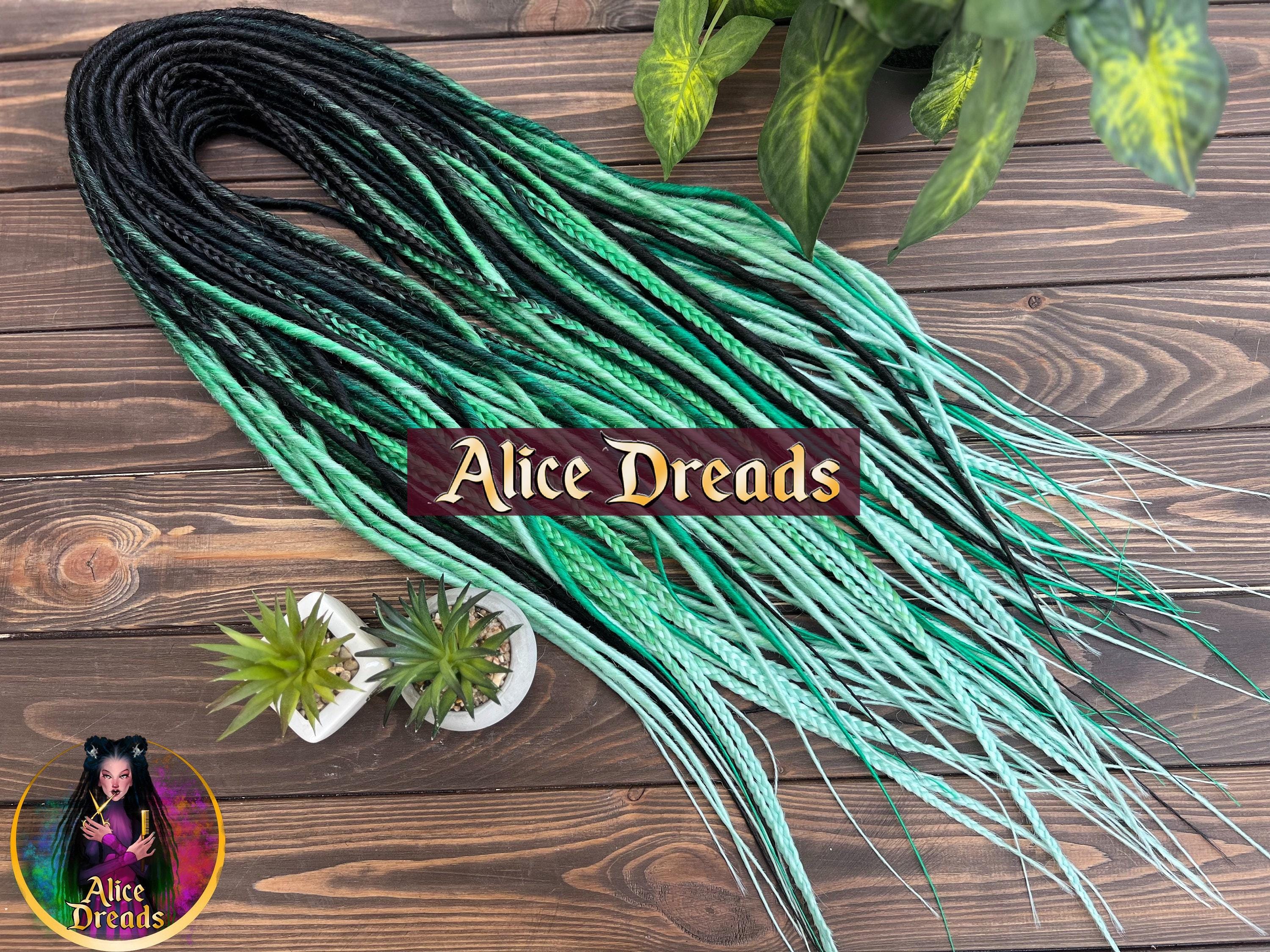 Thin synthetic dreads and braids black to green to mint ombre dreadlocks hair extensions