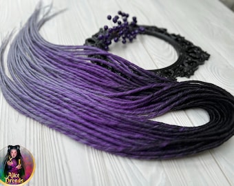 Set of thin synthetic dreads black to purple to light grey gray twisted hair extensions