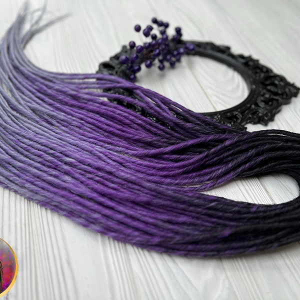 Set of thin synthetic dreads black to purple to light grey gray twisted hair extensions