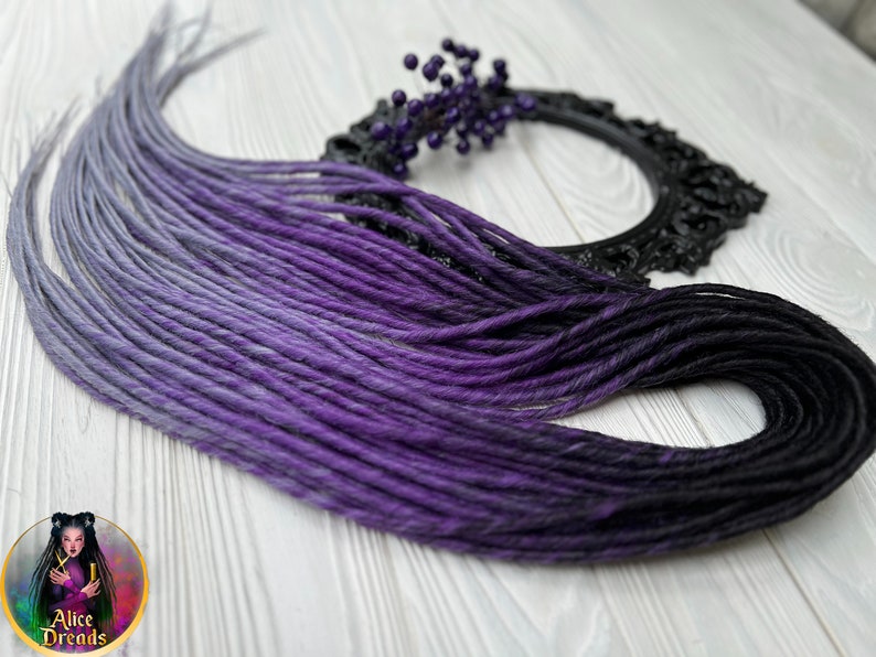 Set of thin synthetic dreads black to purple to light grey gray twisted hair extensions image 1