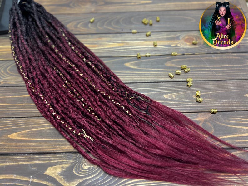 Crochet Synthetic Double Ended Dreads: Black to Burgundy Ombre with Gold accents image 3