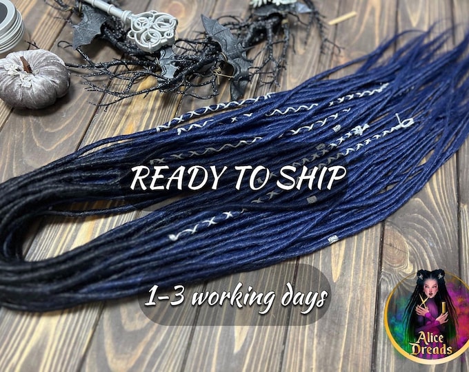 30 DE Black to Navy Blue Ombre Synthetic Dreads: Silver Wrapped Accents (55-60cm)