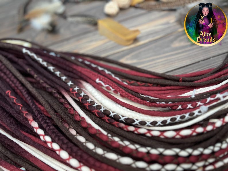 Wool Dreads Extensions: Brown Burgundy White Ombre Braids with wrapped accents image 5