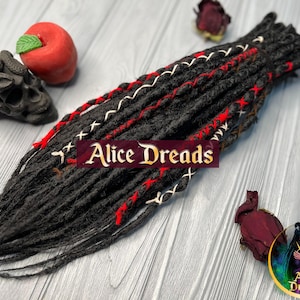 Full head Burning Man hair extensions with wrapped accents set of black long crochet synthetic double ended DE dreads Red White Brown