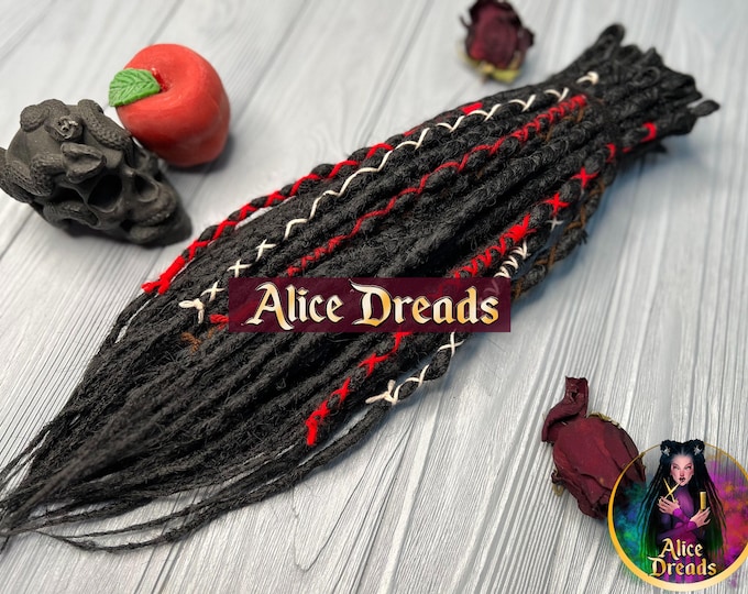 Black Crochet Synthetic Dreads: Burning Man Hair Extensions with Red & White Accents