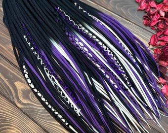 Wool Dreadlock Extensions: Black, Purple, White with Wrapped Accents Halloween Look by Alice Dreads