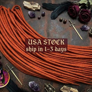 May include: A set of long, rust-orange synthetic dreadlocks arranged in a fan shape. The individual strands have a textured, matte appearance. The image includes decorative elements like dark feathers, small crystals, metal swords, and lanterns.