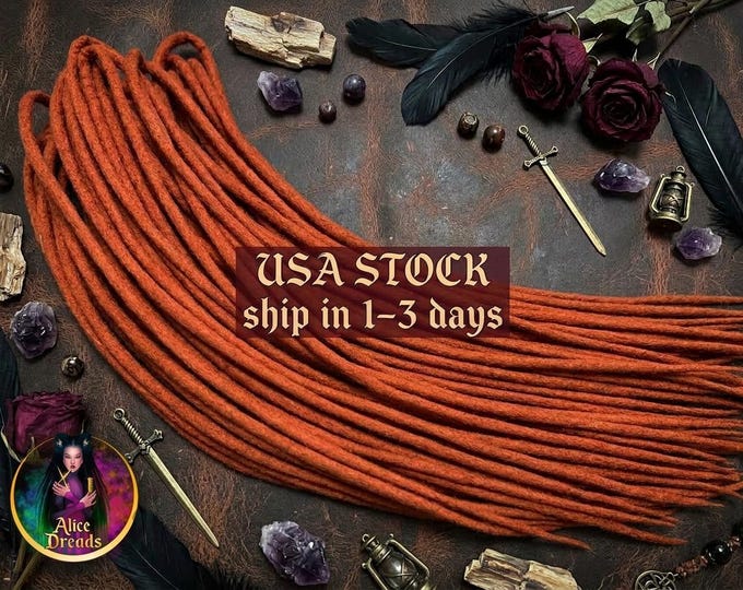 35 DE Red Auburn Wool Dread Extensions, Ginger Copper Boho Locs (45-50 cm)