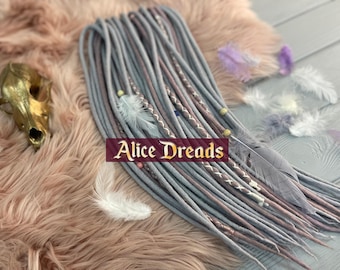 Silver Grey Gray Wool Dreadlock Extensions: Platinum & Rose Coral Powder Dreads