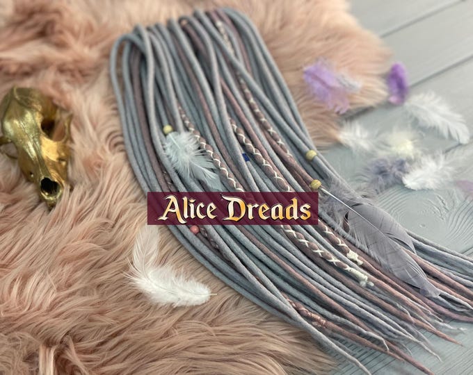Silver Grey Gray Wool Dreadlock Extensions: Platinum & Rose Coral Powder Dreads
