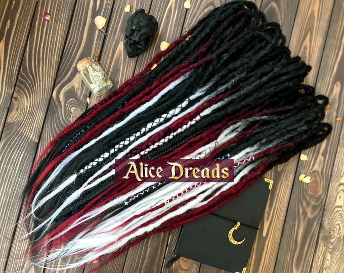 Crochet Synthetic Dreads: Ombre Black, White & Burgundy Double Ended Hair Extensions Dreadlocks