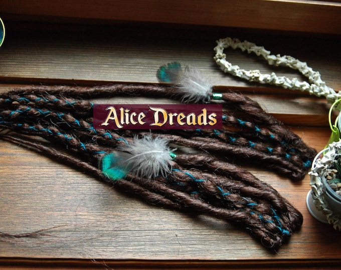 Brown Synthetic Dreads on Clip: Peacock Hair Extension with Feather
