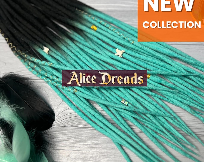 Black to Turquoise Wool Dreadlock Extensions: Boho Dreads with Bone Beads