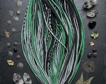 Thin Twisted Synthetic Dreads: Black Green Silver Light Gray Color Mix, Smooth Locs