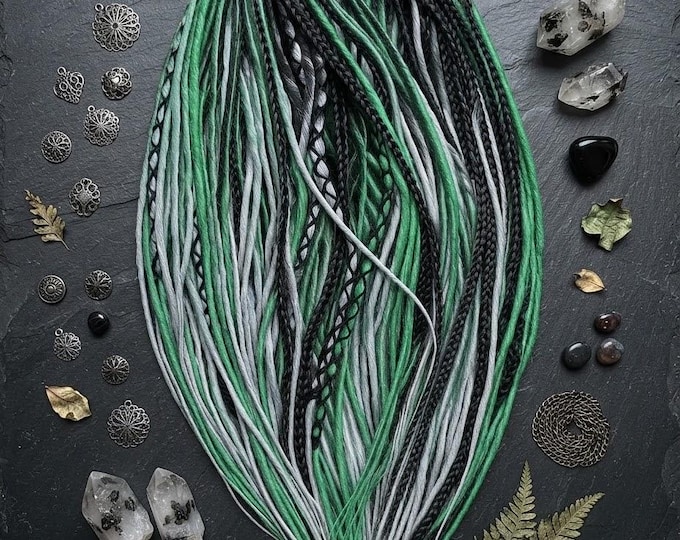 Thin Twisted Synthetic Dreads: Black Green Silver Light Gray Color Mix, Smooth Locs