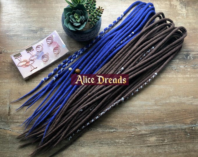 Blue Brown Wool Dreads | DE Double Ended Boho Festival Hair Extensions