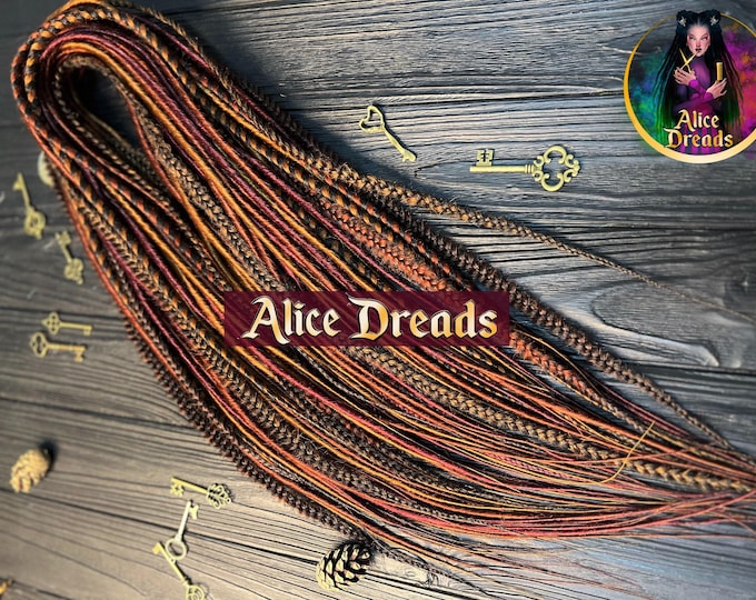 Auburn Ginger Burgundy Brown Synthetic Dreads: Thin Double/Single Ended Dreadlock Extensions