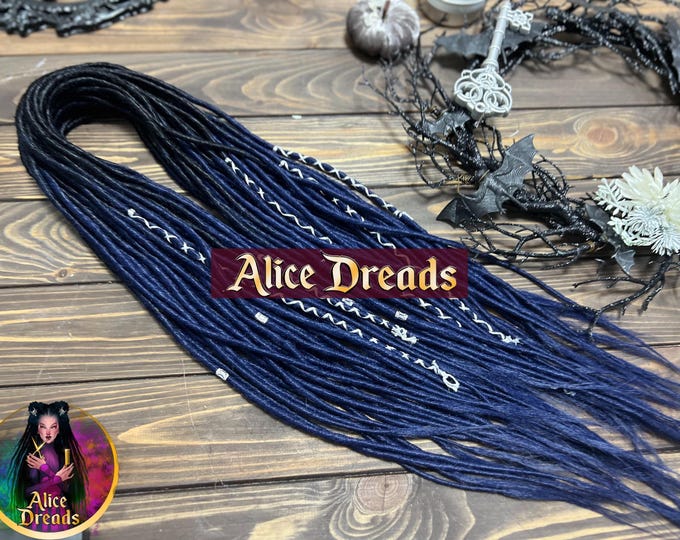 Thin synthetic dreads black to navy blue dreadlocks hair extensions with silver wrapped accents