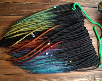 Dread extensions set of wool locks double ended dreadlocks black to blue yellow green orange by Alice Dreads