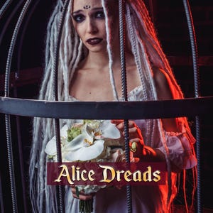Crochet synthetic dreads snow white &quot;Bride&quot; long dreadlocks, natural look hair extensions for full head with black wrapped accents, braids