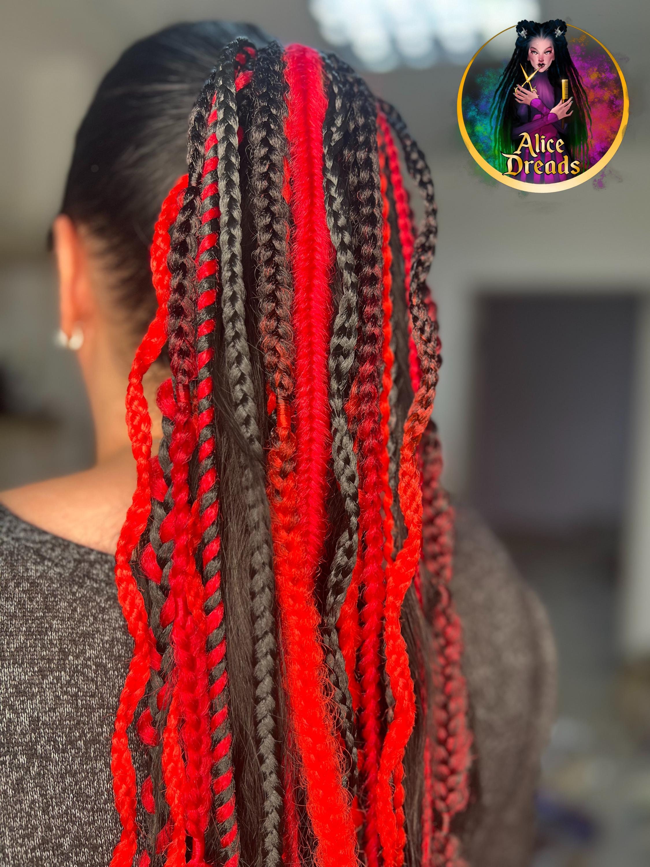 赤と黒の編み込みヘアタイ：合成ドレッドヘアポニーテール