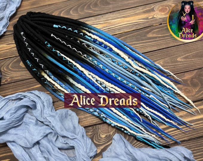 Wool Dreads, Black to Blue Ombre, White, Curly Boho Hair Extensions "Sea Foam"