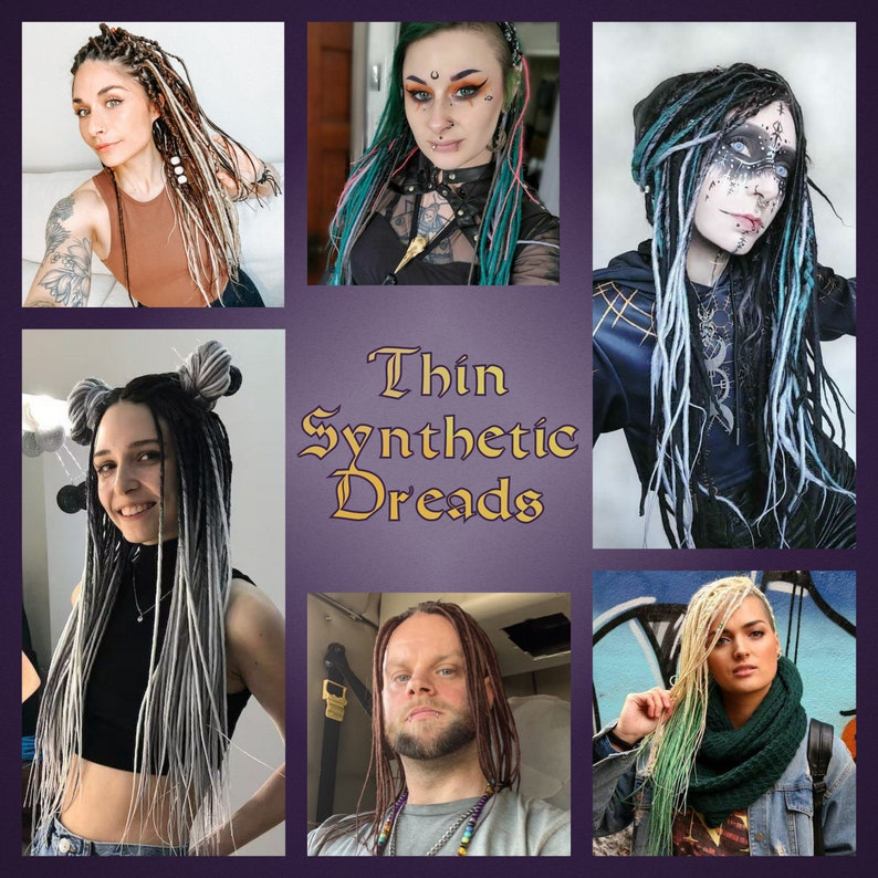Set of thin synthetic dreads black to purple to light grey gray twisted hair extensions image 9