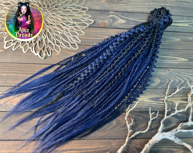 Crochet Synthetic Dreads with Openwork French Braids, Black to Midnight Navy Blue Ombre