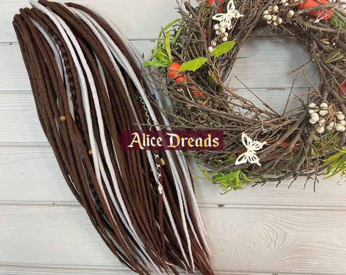 Brown & Silver Gray Platinum Wool Dreads: Double/Single Ended Crochet Hair Extensions