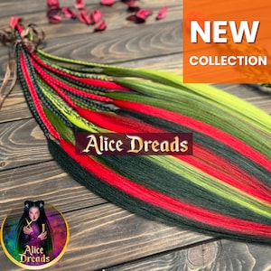 Accent braids of green red with loose synthetic hair Double or single ended extensions set festival locks